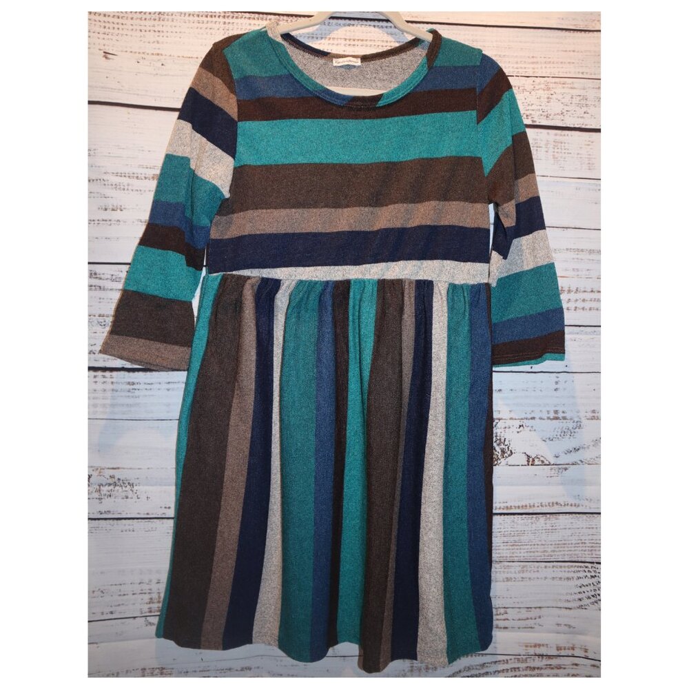 Teal Stripe Knit Swing Dress 3/4 Sleeve Casual Fall Dress Medium